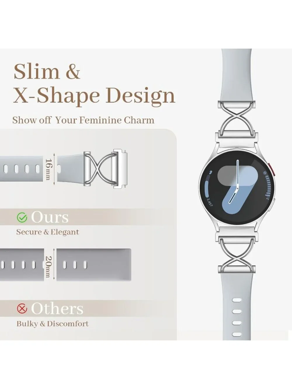 Women's Grey Skinny Charms X-Shaped Soft Slim Silicone Bands Compatible Watch